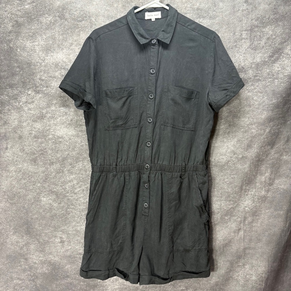 Bella Dahl Utlity Romper Womens L Vintage Black 100% Tencel Rolled Hem Button